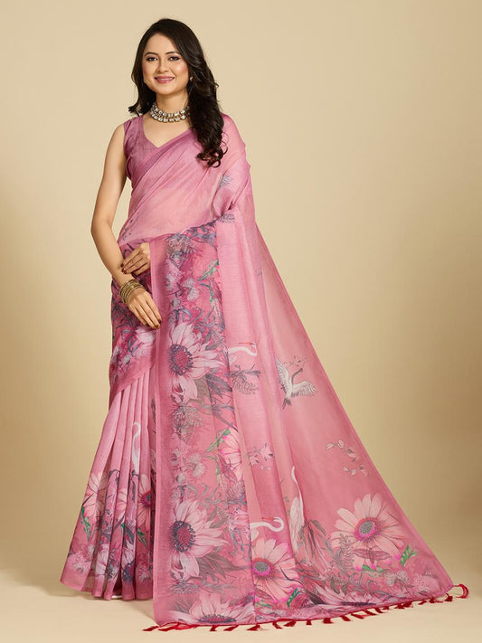 Aastha Fashion Pink Chanderi Cotton Silk Printed Saree