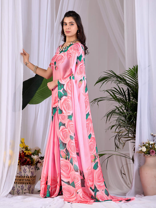 Aastha Fashion Pink Soft Satin Floral Digital Print Saree
