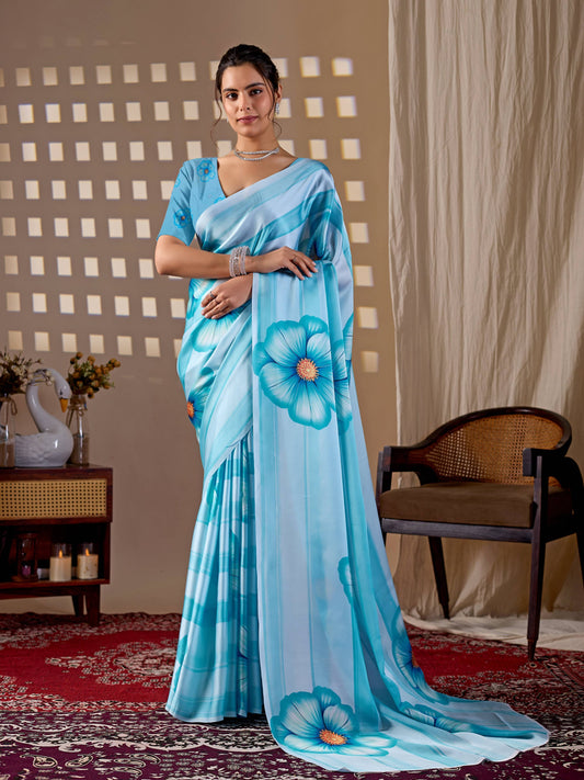 Aastha Fashion Sky Soft Satin Georgette Printed Saree