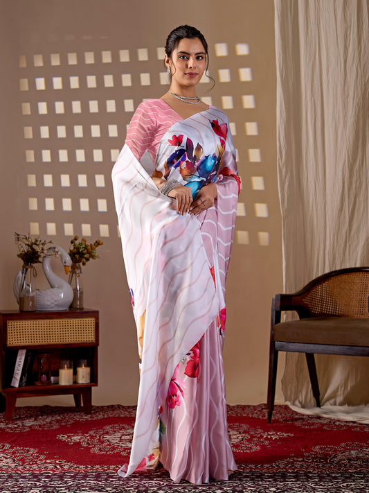 Aastha Fashion Peach Soft Satin Georgette Printed Saree