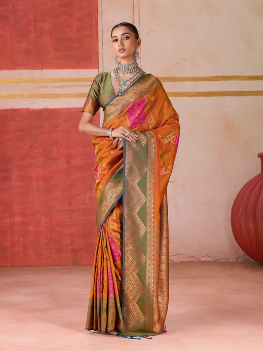 Aastha Fashion Orange Pure Silk Handloom Weaving Saree