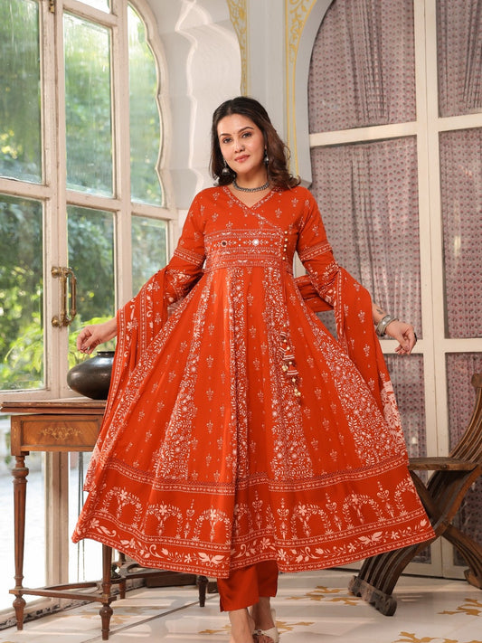Hand Embroidered & Floral Jaal Printed Angarkha Style Anarkali Kurta With Pant & Coordinated Dupatta, Orange - Hiral Fashion