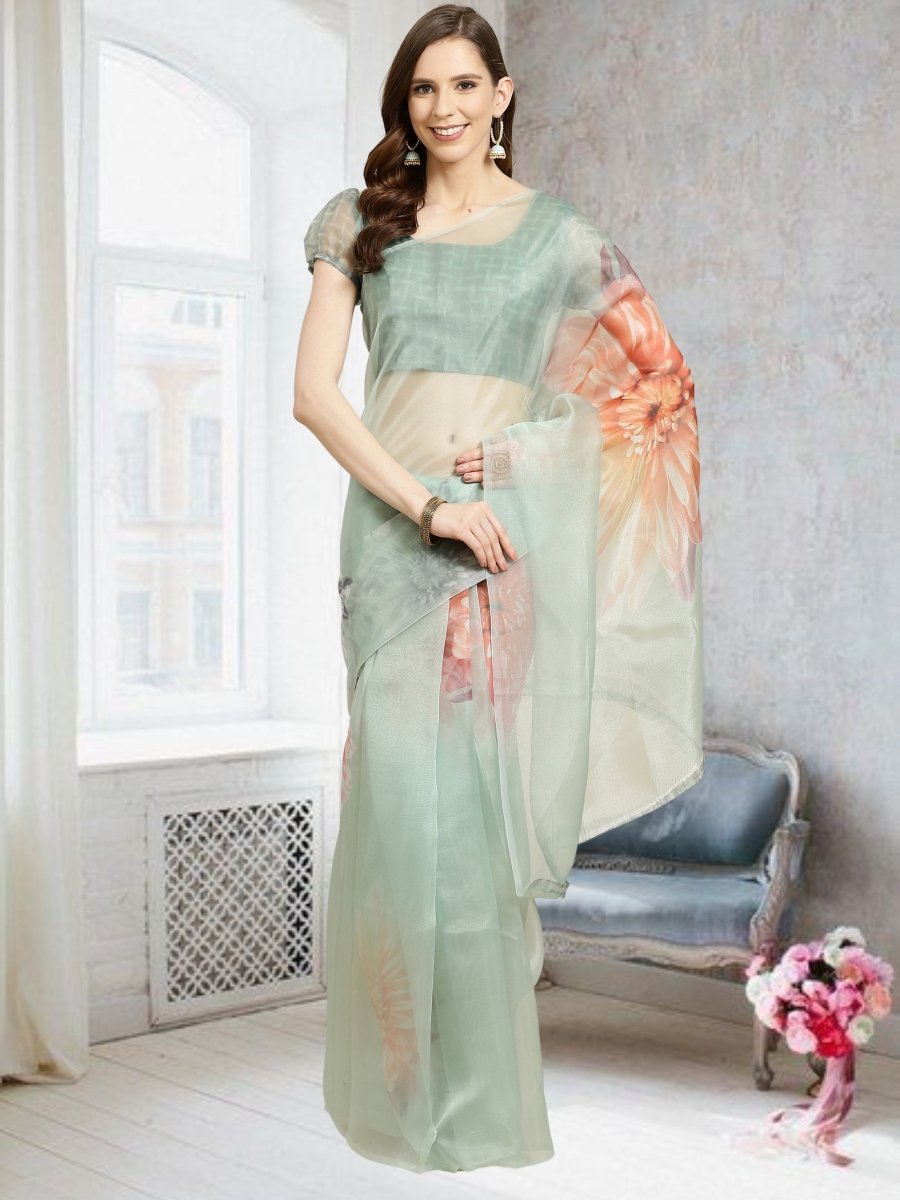 Aastha Fashion Women's Teal Digital Printed Organza Saree with Blouse - Grab2buy