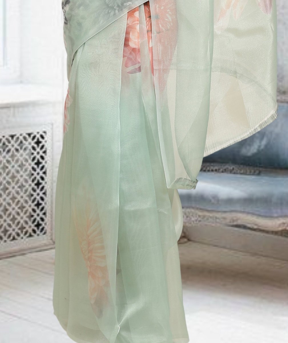 Aastha Fashion Women's Teal Digital Printed Organza Saree with Blouse - Grab2buy