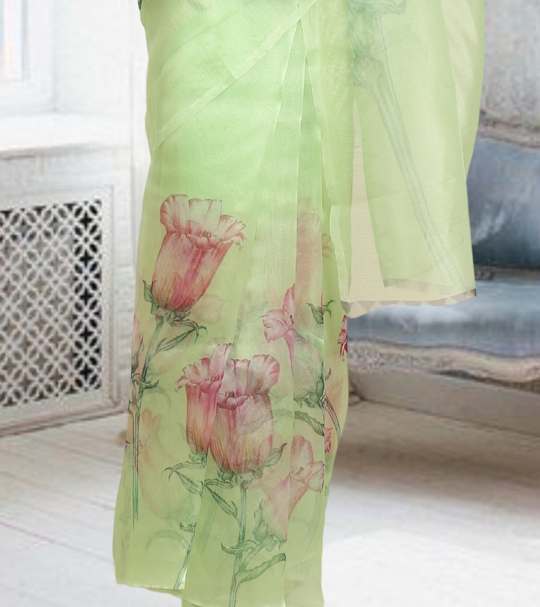 Aastha Fashion Women's Sea Green Digital Printed Organza Saree with Blouse - Grab2buy