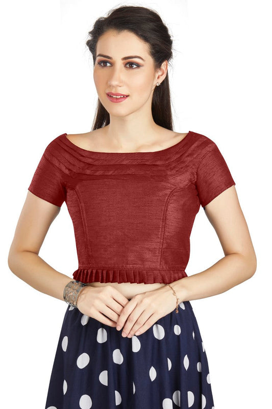 Aastha Fashion Maroon Art Silk Pleated Boat Neck Princes Readymade Blouse