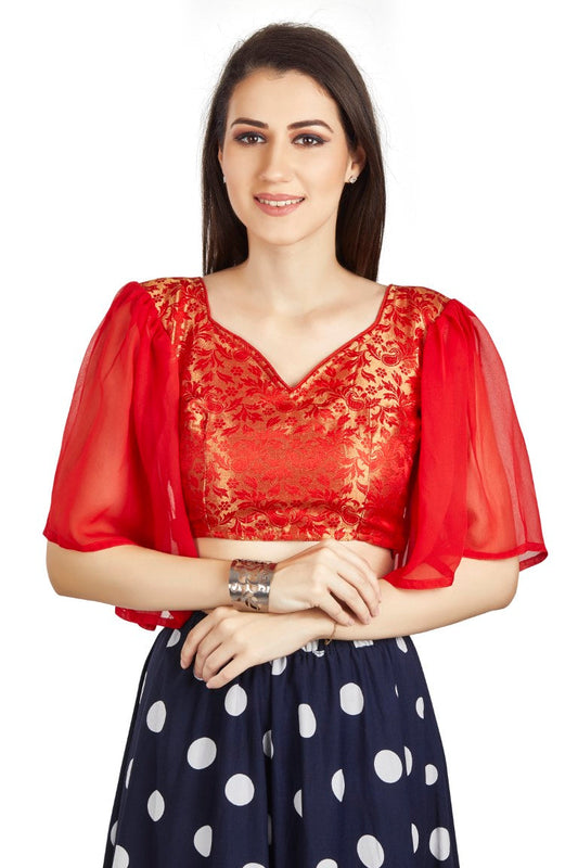 Aastha Fashion Red Brocade V Neck Pleated Frill In Sleeve Readymade Blouse