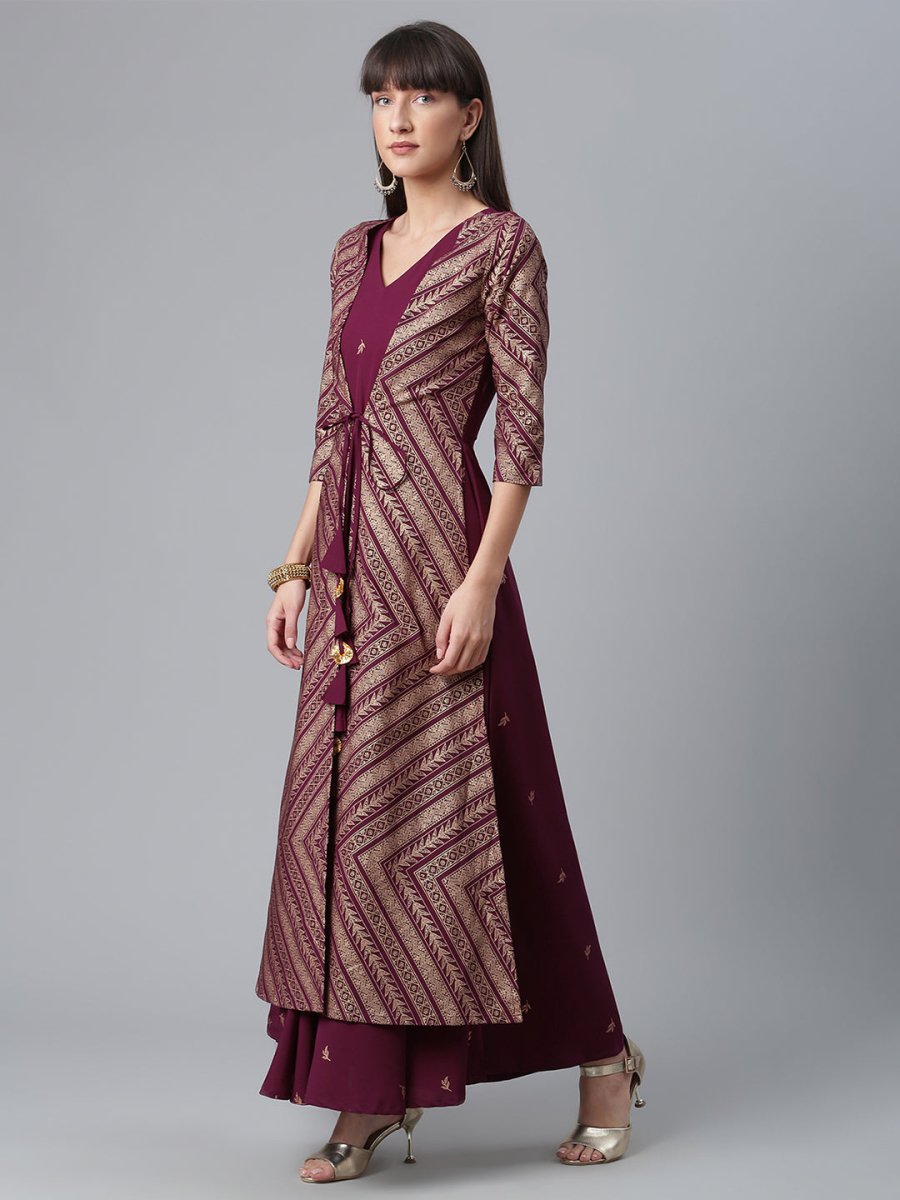 Ahalyaa Crepe Wine Glitter Print Kurta With Jacket - Grab2buy