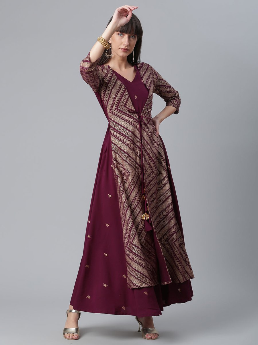 Ahalyaa Crepe Wine Glitter Print Kurta With Jacket - Grab2buy