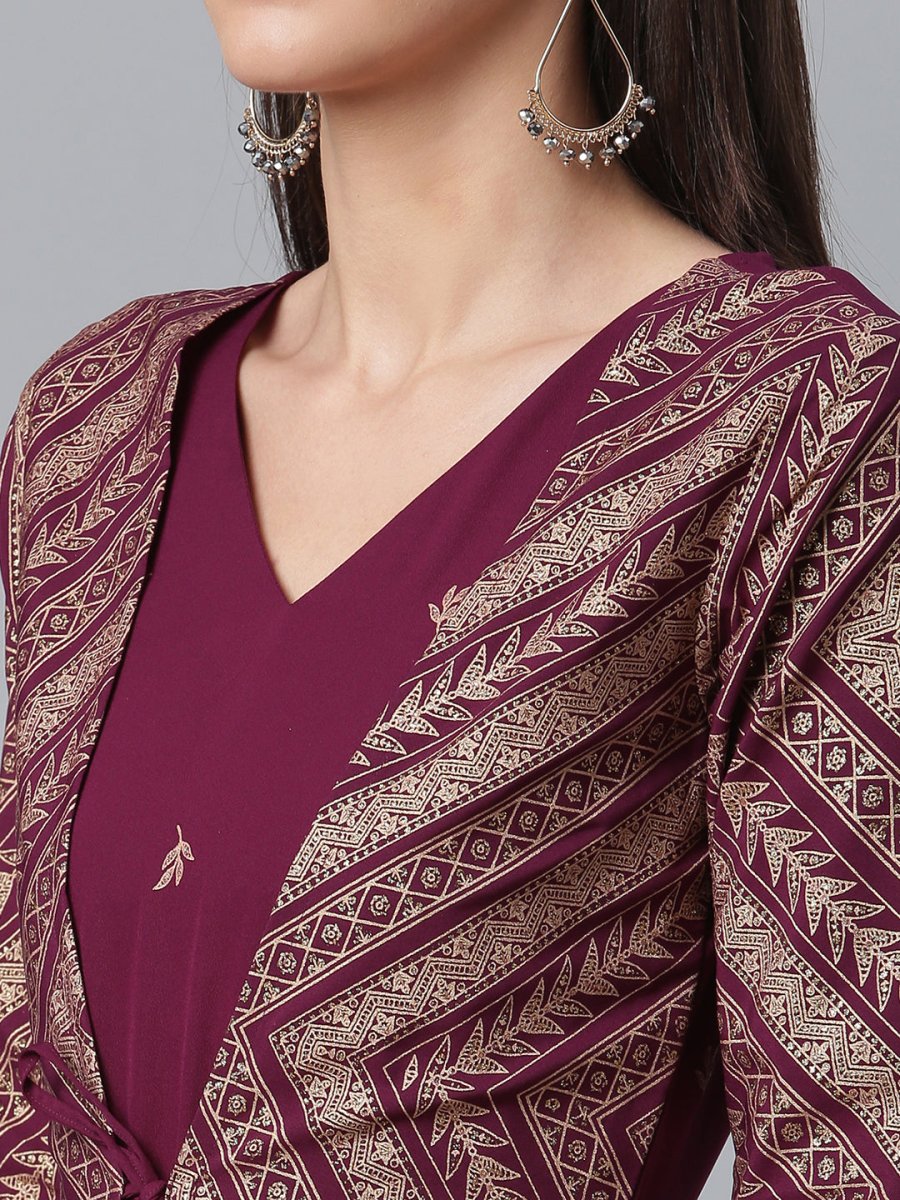 Ahalyaa Crepe Wine Glitter Print Kurta With Jacket - Grab2buy