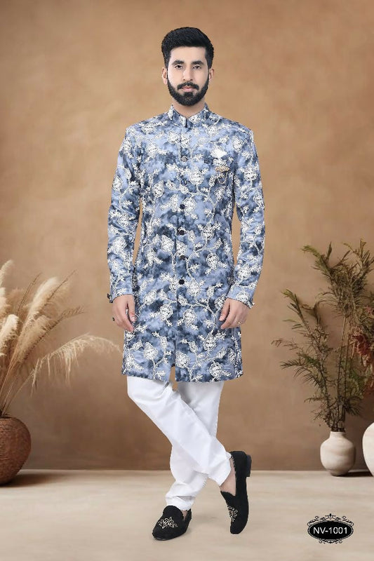 Joban Fashion Men's Blue Straight Swed Velvet Thread & Sequence Embroidery All Over Indo-Western Kurta Set