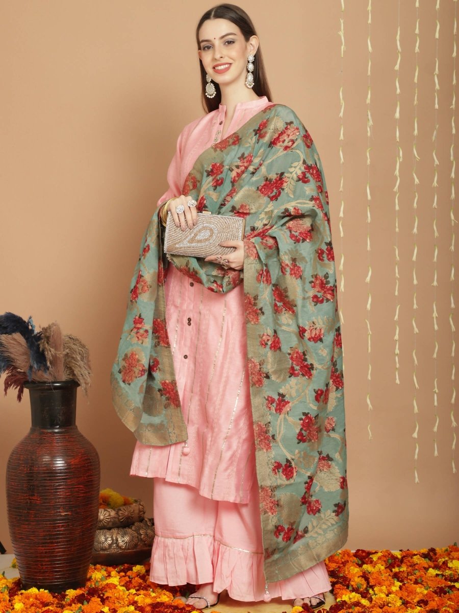 Aastha Fashion Women's Peach Chanderi Silk Elegant Jardoshi Kurta with Trouser & Dupatta - Grab2buy