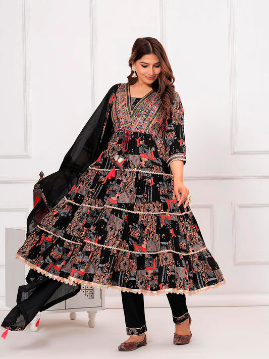 Embroidered & Printed Kurta With Pant & Dupatta Luxury Premium, Black - Hiral Fashion