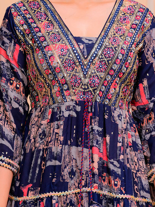 Embroidered & Printed Kurta With Pant & Dupatta Luxury Premium, Navy Blue - Hiral Fashion