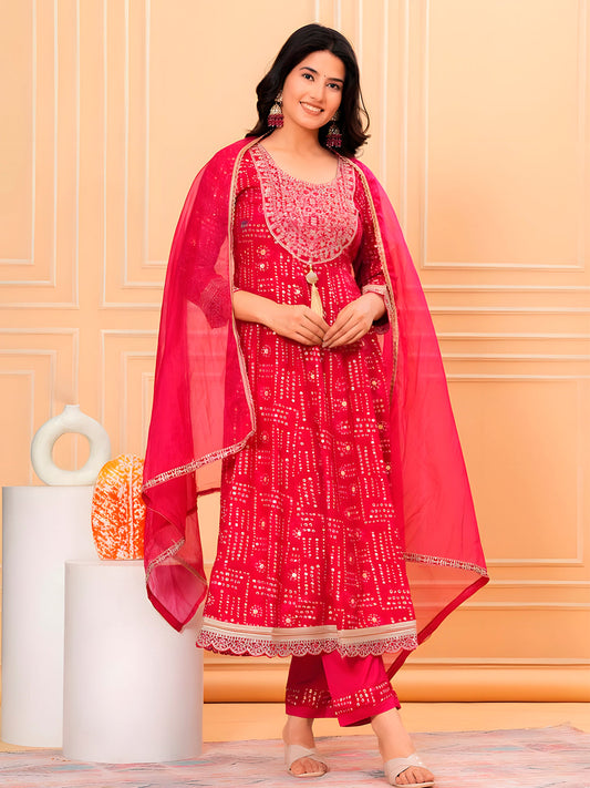 Embroidered & Bandhani Printed Kurta With Pant & Dupatta, Pink - Hiral Fashion