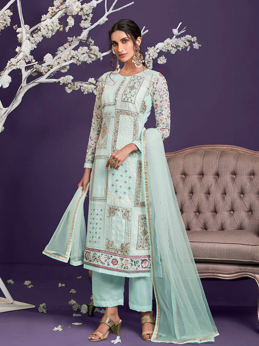 Myra Sea Green Floral Thread Embroidered Palazo Suit