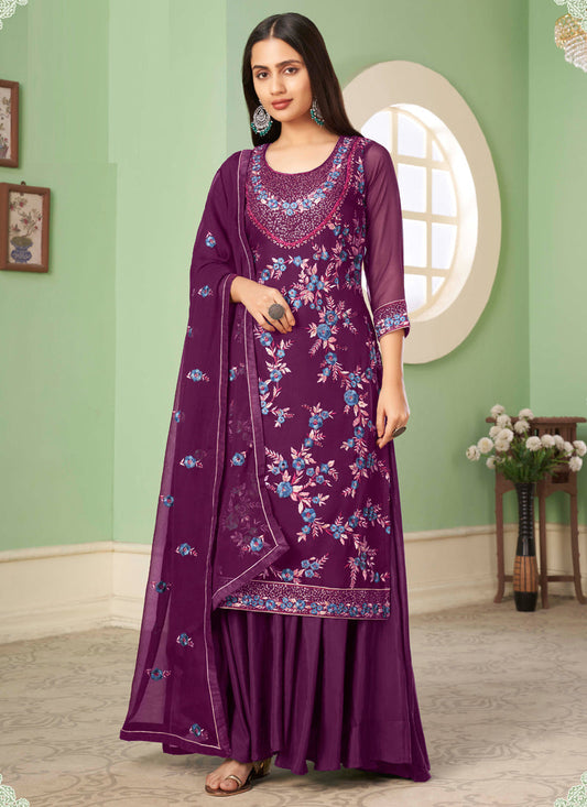 Vegaa Fashion Violet Georgette Embroidery Designer Sharara Suit Grab2Buy Vegaa Fashion Grab2Buy
