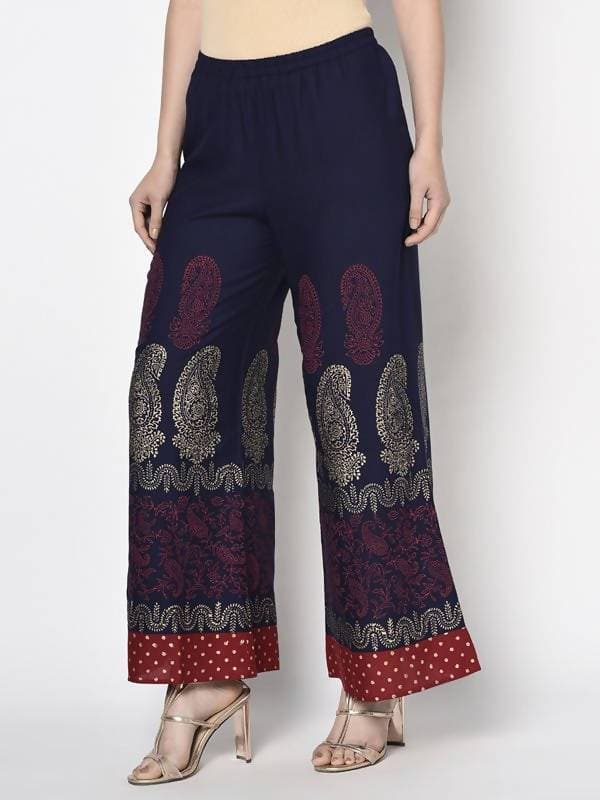 Aniyah Rayon Navy Blue Color Block Print Flared Slip-On Palazzo (AN-178K)