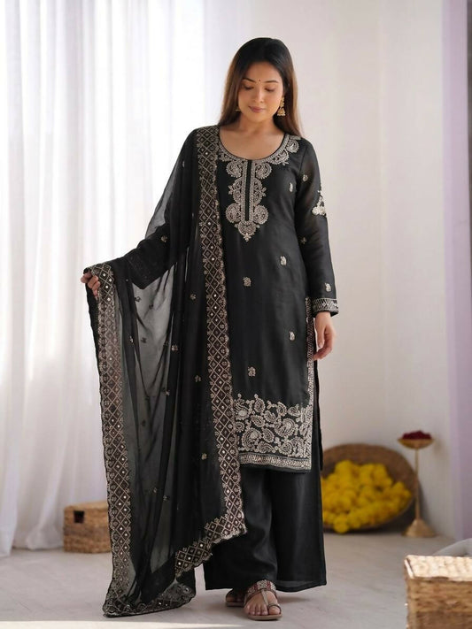 Teeya Creation Womens New Trendy Stylish Embroidery Beads Work Palazzo Kurta Set -Black