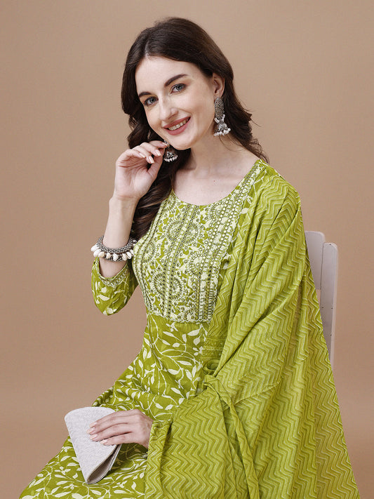 Embroidered & Floral Printed Cotton Kurta With Pant & Dupatta Set, Multicolor - Hiral Fashion