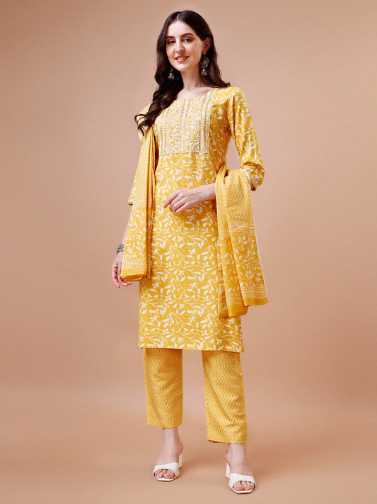 Embroidered & Floral Printed Cotton Kurta With Pant & Dupatta Set, Multicolor - Hiral Fashion