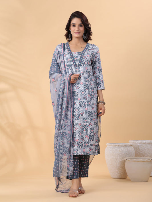 Janasya Regular Biscuit Slub Grey Gemometric Square Neck Kurta,Bottom & Dupatta | Grab2Buy