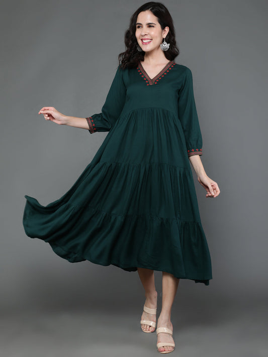 Antaran Dark Green Rayon Embroidered Dress