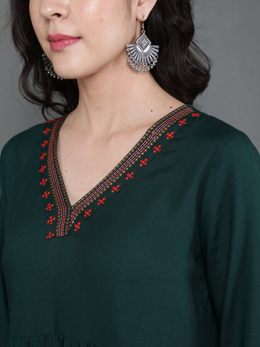 Antaran Dark Green Rayon Embroidered Dress