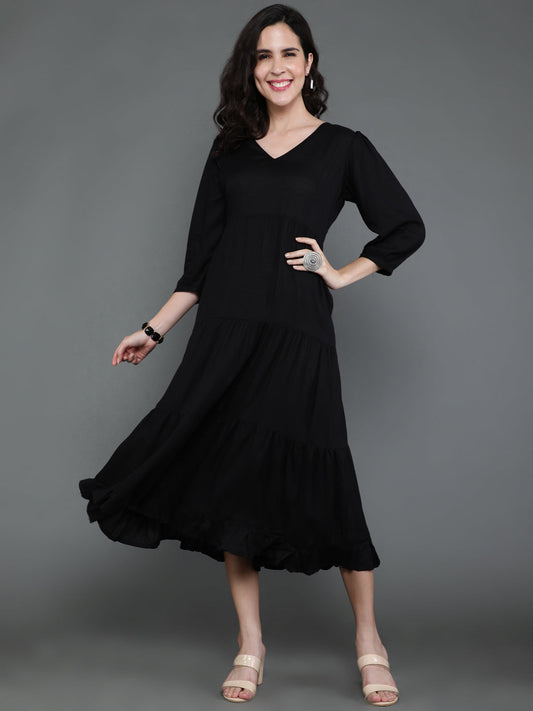 Antaran Black Rayon Flared Solid Black Dress
