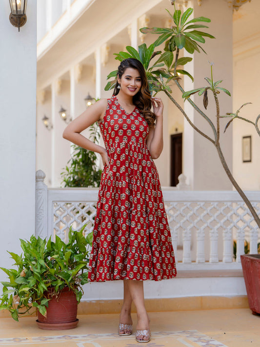 Antaran Maroon Pure Cotton Tiered Printed Dress