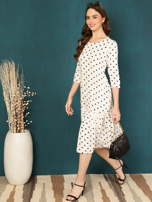 Antaran White Rayon Polka Printed Dress