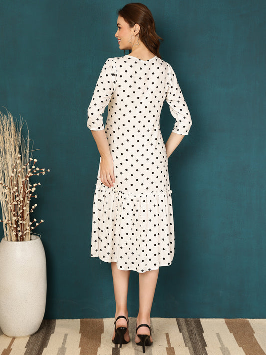 Antaran White Rayon Polka Printed Dress