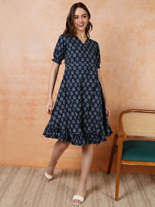 Antaran Blue Pure Cotton Flared Printed Dress