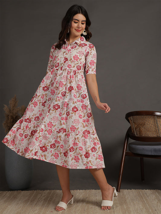 Antaran White Pure Cotton Tiered Floral Printed Dress