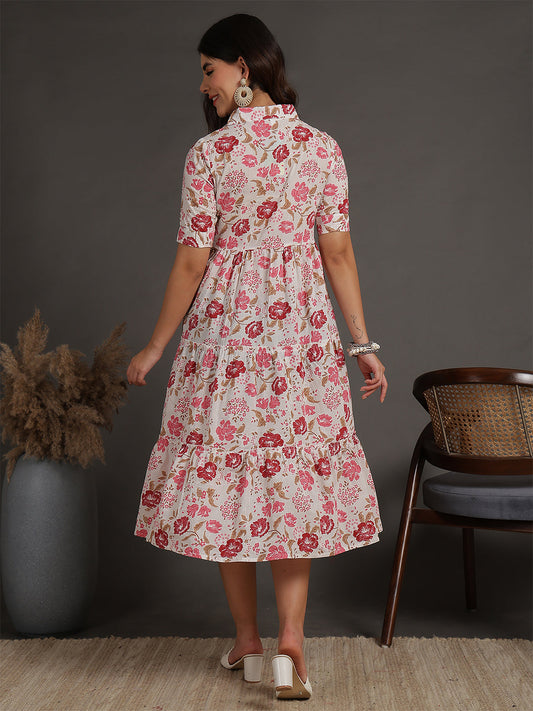 Antaran White Pure Cotton Tiered Floral Printed Dress