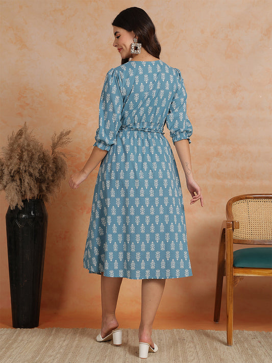 Antaran Blue Pure Cotton Printed Flared Dress