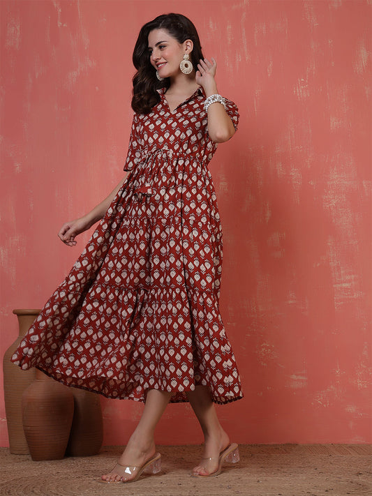 Antaran Maroon Pure Cotton Tiered Printed Dress