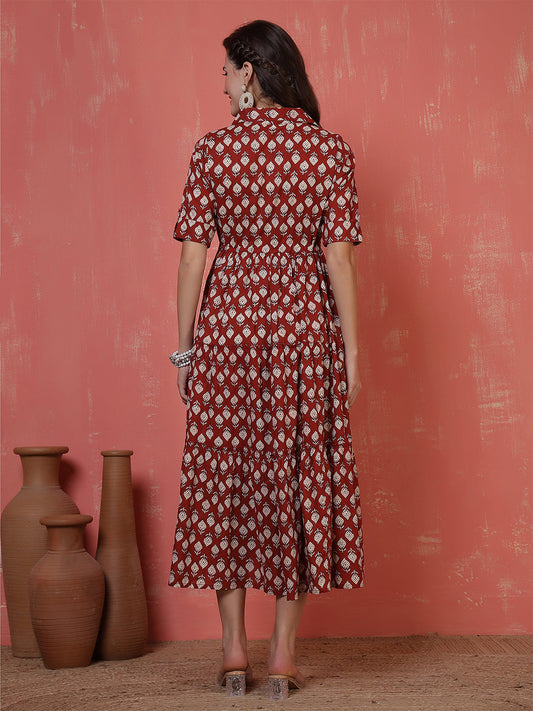 Antaran Maroon Pure Cotton Tiered Printed Dress