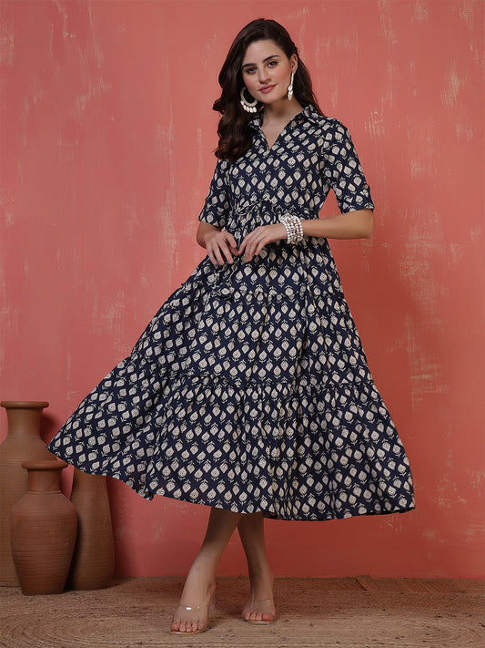 Antaran Blue Pure Cotton Tiered Printed Dress