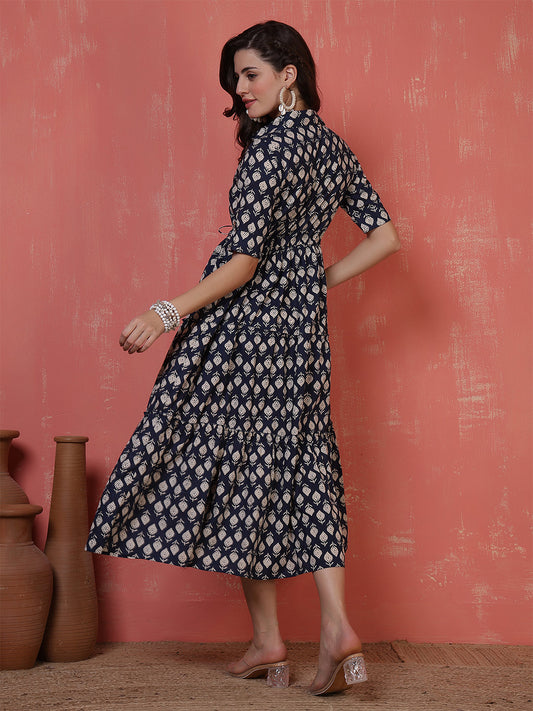 Antaran Blue Pure Cotton Tiered Printed Dress