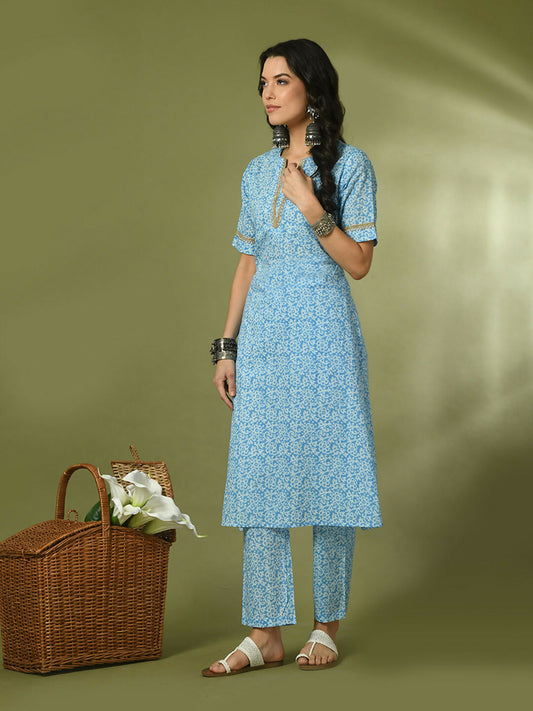 Myshka Women's Blue Printed Cotton Straight Party Kurta Set