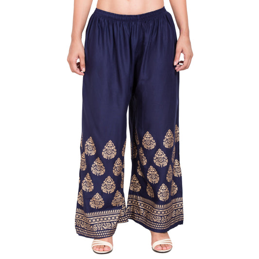 PAVONINE Navy Blue Color Golden Printed Rayon Fabric Sharara For Women
