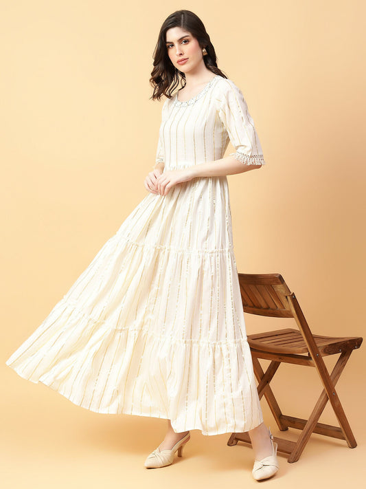 Joban Fashion Cream Cotton Lurx & Hand Work Dress