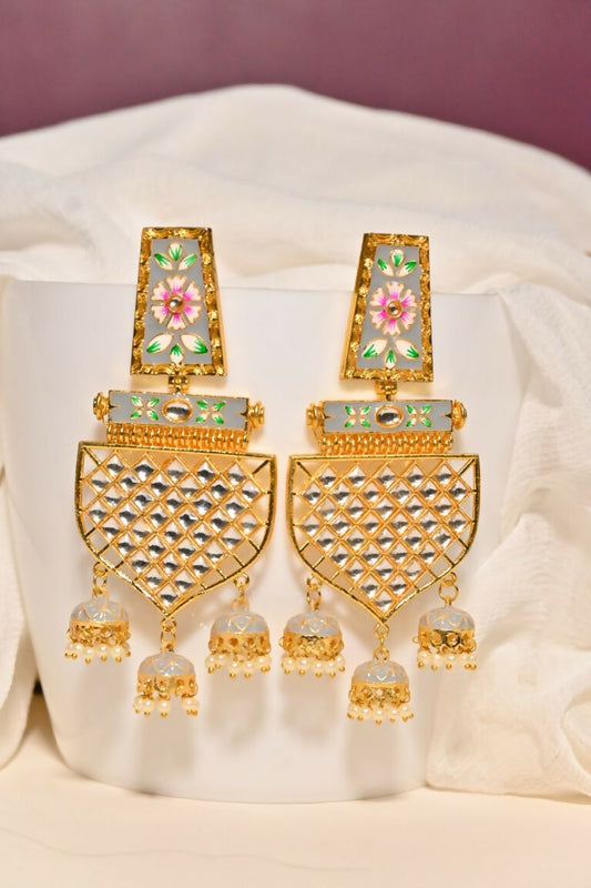 Grey Traditional Gold-Polished Meenakari Jhumka Jhumki Earrings Indian Jewellery For Women Girls By House of Ree | Grab2Buy