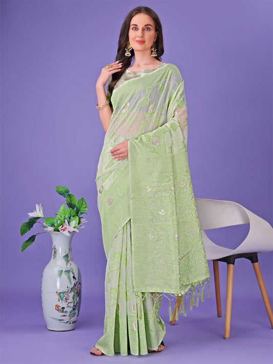 Shree Shyam Fashion Light Green Lichi Silk Saree with Floral Weaving & Tassel Pallu - Elegant Festive & Party Wear Saree