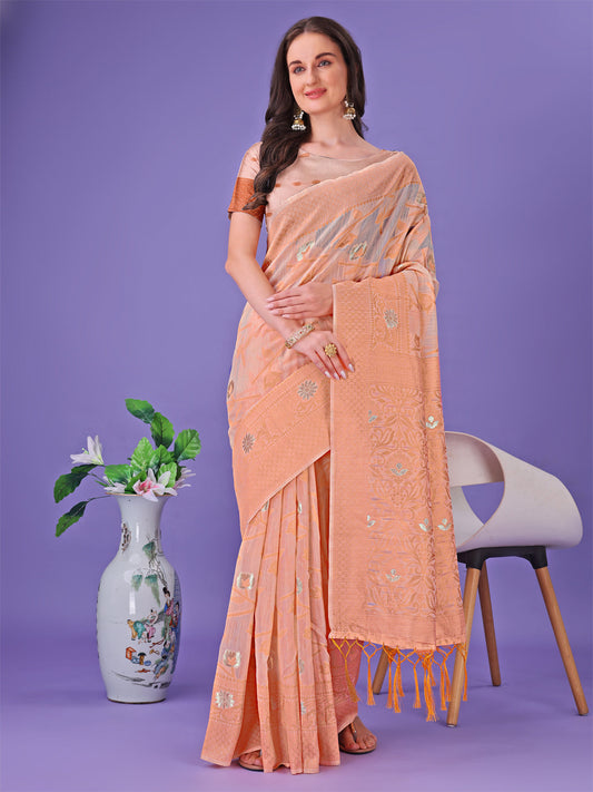 Shree Shyam Fashion Peach Lichi Silk Saree with Floral Weaving & Tassel Pallu - Elegant Festive & Party Wear Saree