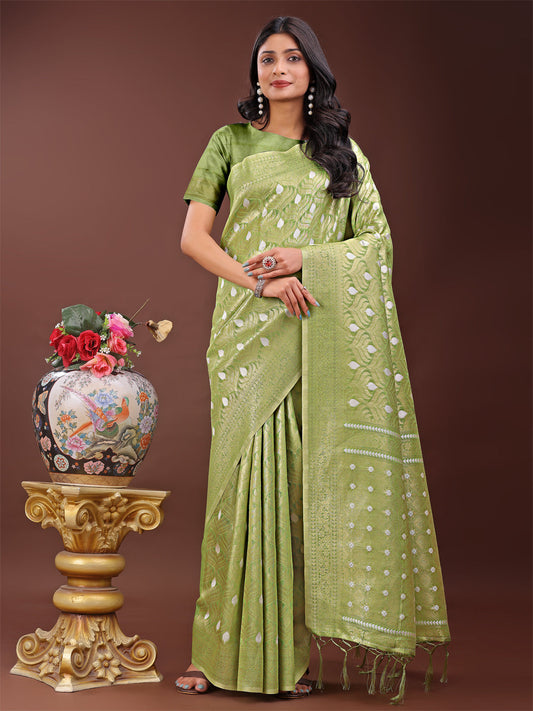 Shree Shyam Fashion Elegant Light Green Linen Saree with Silver Zari Butta & Pallu - Daily Wear | Festive Look | Soft Feel