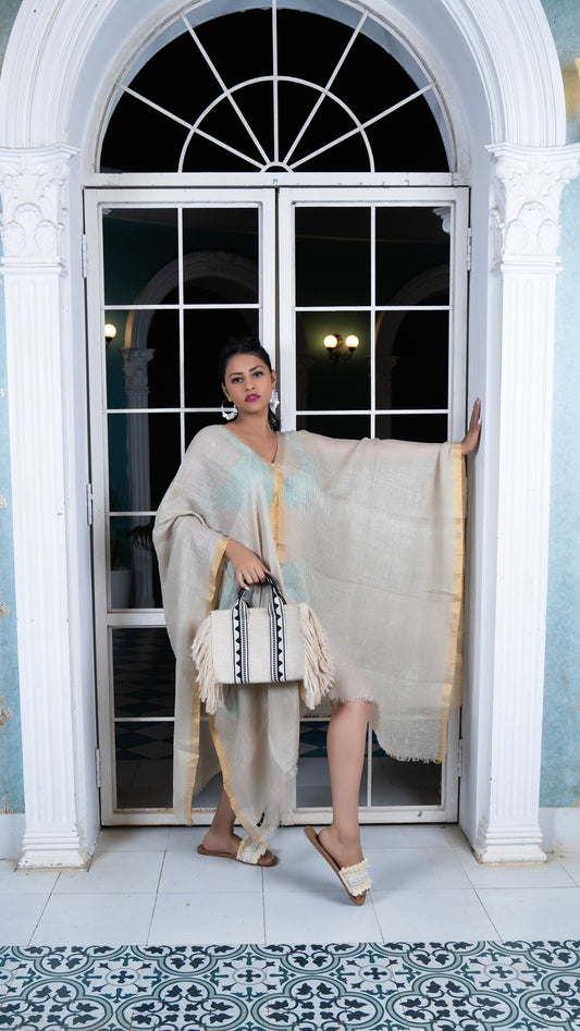 Noroke Linen Grey Gold Beachwear Cover Up | Swadesiicart