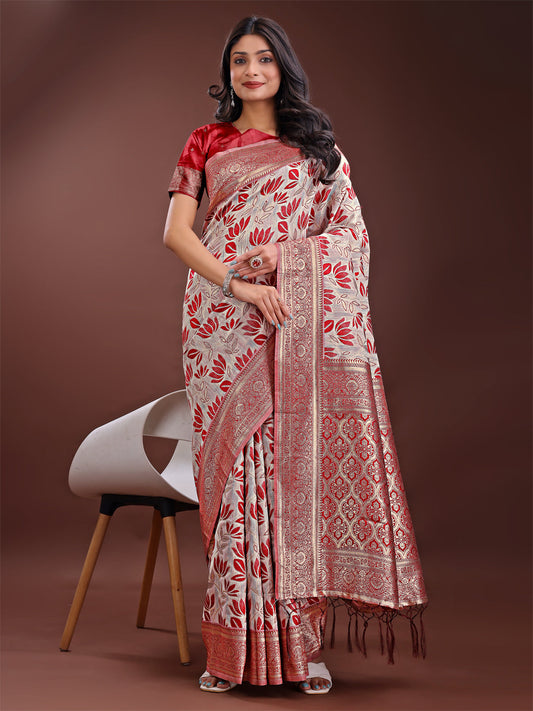 Shree Shyam Fashion Stunning Beige & Red Linen Saree with Floral Print and Rich Zari Pallu - Festive & Traditional Wear