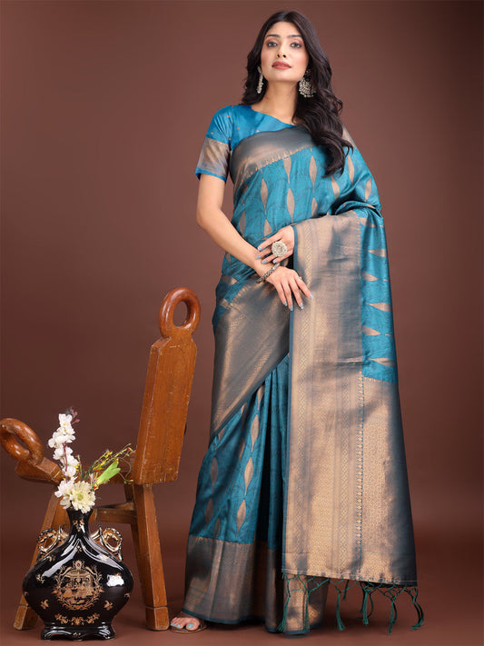 Shree Shyam Fashion Teal Blue Linen Cotton Saree with Golden Zari Leaf Woven Design & Rich Pallu - Festive Wear | Office Look | Soft Drape